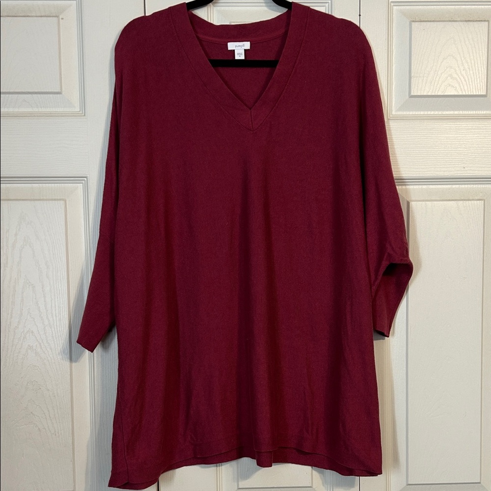 PURE JILL Deep Raspberry Short Sleeve V-Neck Sweater Tunic X-Large Oversized